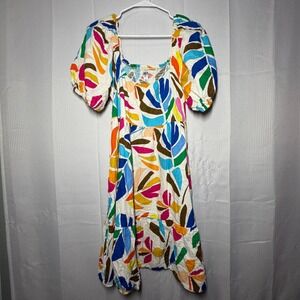 Tabitha Brown Midi Dress L Multicolor Tropical Leaf Puff Sleeve Smocked
